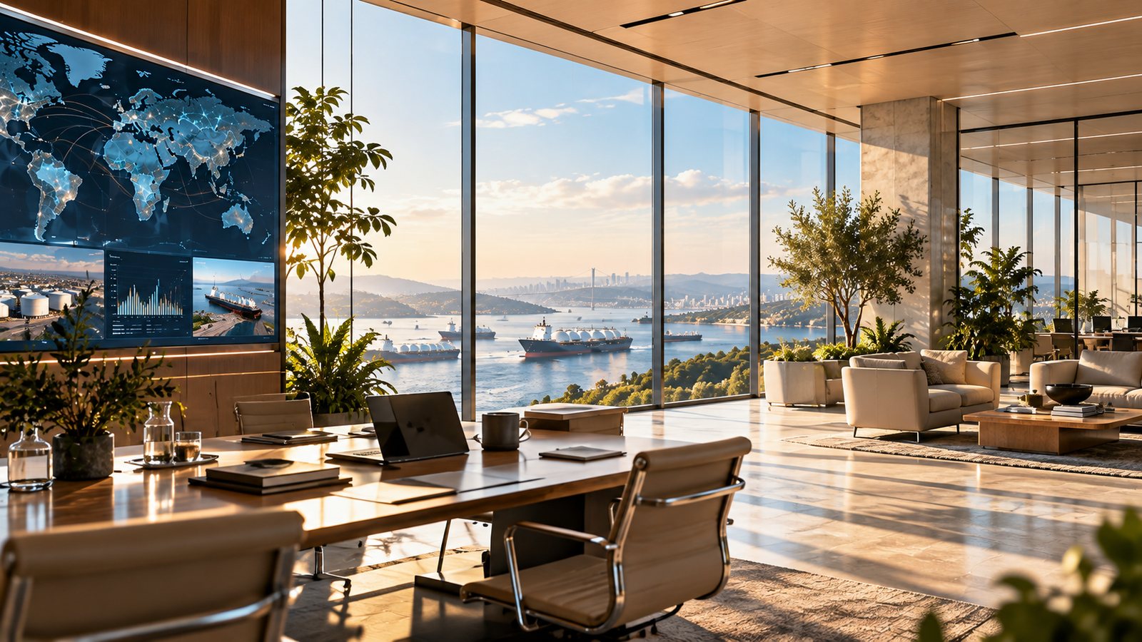 Strategy office with data screens overlooking a harbour at sunset