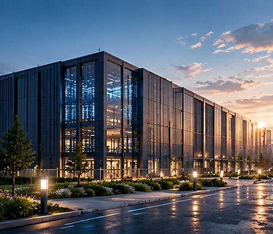 Data center building at dusk