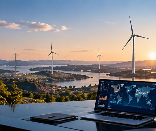 Wind turbines above a coastline with energy data on a laptop