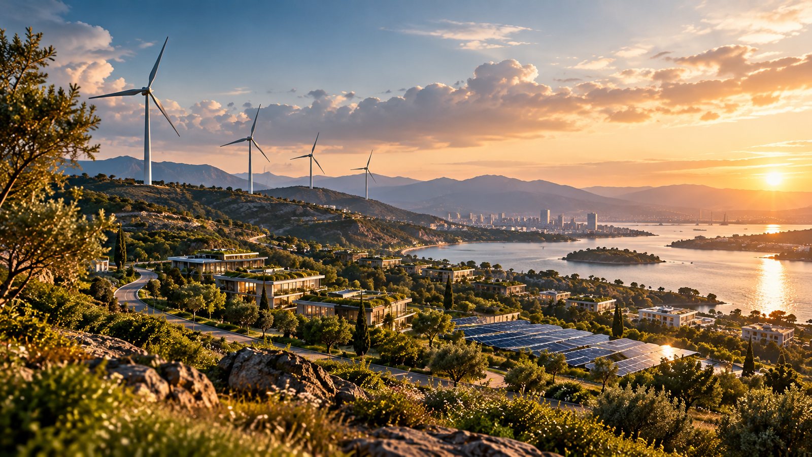 Sustainable town with wind turbines and solar fields at sunset